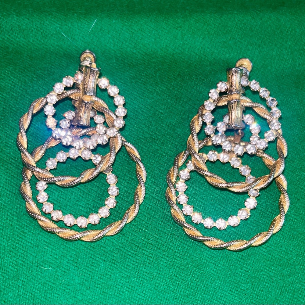 Vintage Clip-on Gold rhinestone Cascading Hoop Earrings 1960s